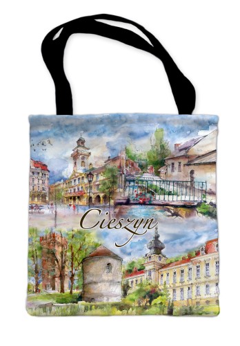 Pojemna torba z długimi uszami. Wzór opracowany przez wydawnictwo "Czwórka" na podstawie obrazów akwarelowych z Cieszyna. Wymiary:36 cm x 31 cm.  Materiał: 100 % poliester o gramaturze 230 g/m2