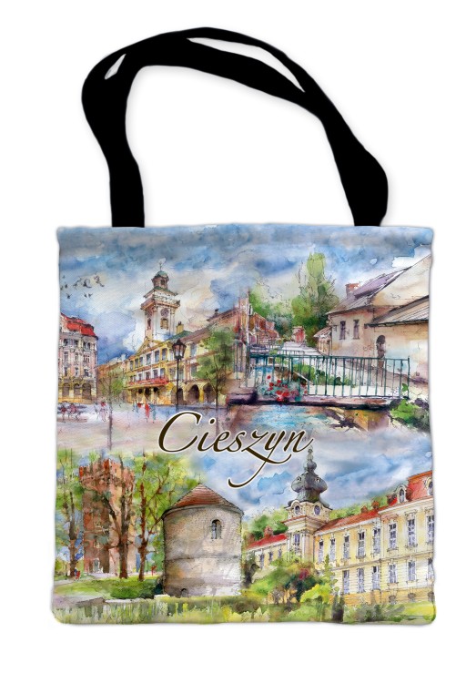 Pojemna torba z długimi uszami. Wzór opracowany przez wydawnictwo "Czwórka" na podstawie obrazów akwarelowych z Cieszyna. Wymiary:36 cm x 31 cm.  Materiał: 100 % poliester o gramaturze 230 g/m2