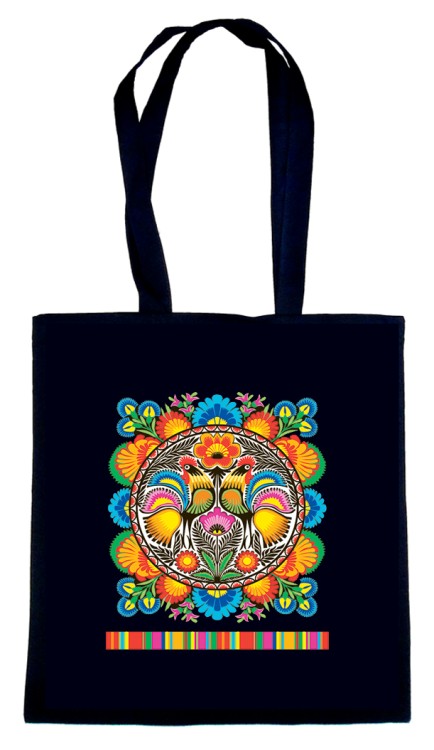 Czarna torba bawełniana z nadrukiem wycinanki łowickiej - koguty.