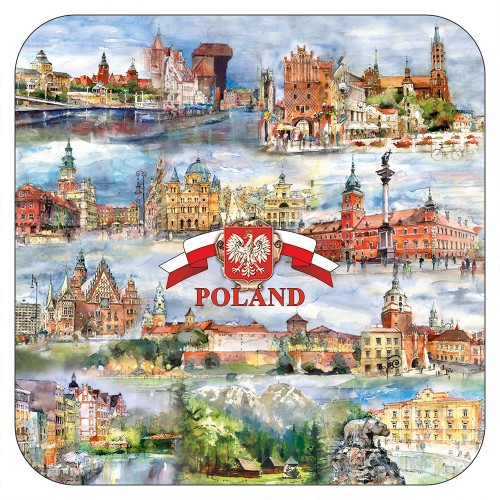 Podkładka z akwarlowymi miastami Polski.