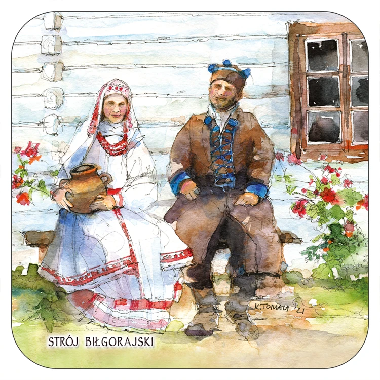 Podkładka pod kubek z parą w stroju biłgorajskim.