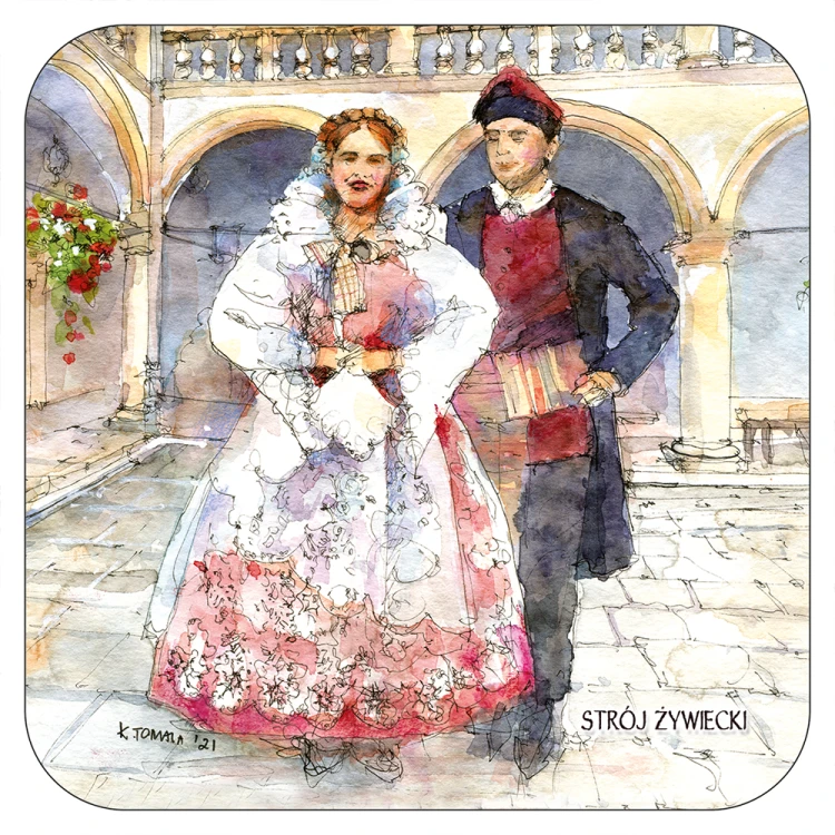 Podkładka pod kubek z parą w stroju żywieckim.