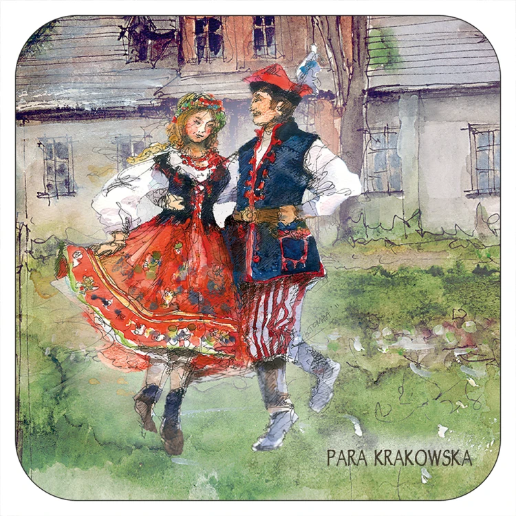 Podkładka pod kubek z parą w stroju krakowskim.