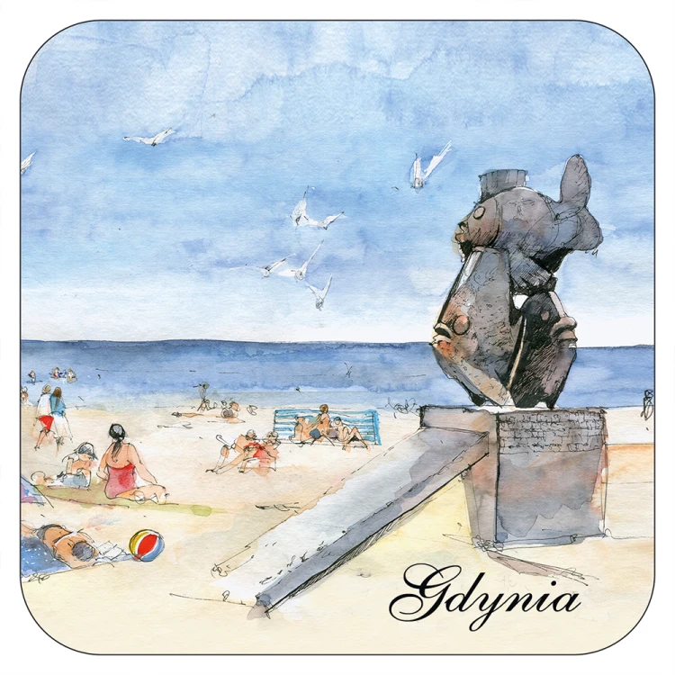 Podkładka korkowa pod kubek - pomnik 3 ryb na plaży w Gdyni.