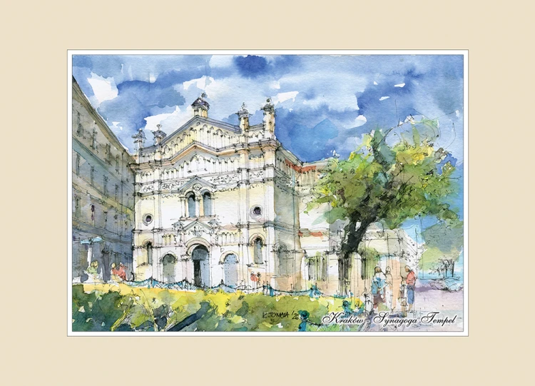 Reprodukcja akwareli - Synagoga Tempel na krakowskim Kazimierzu.