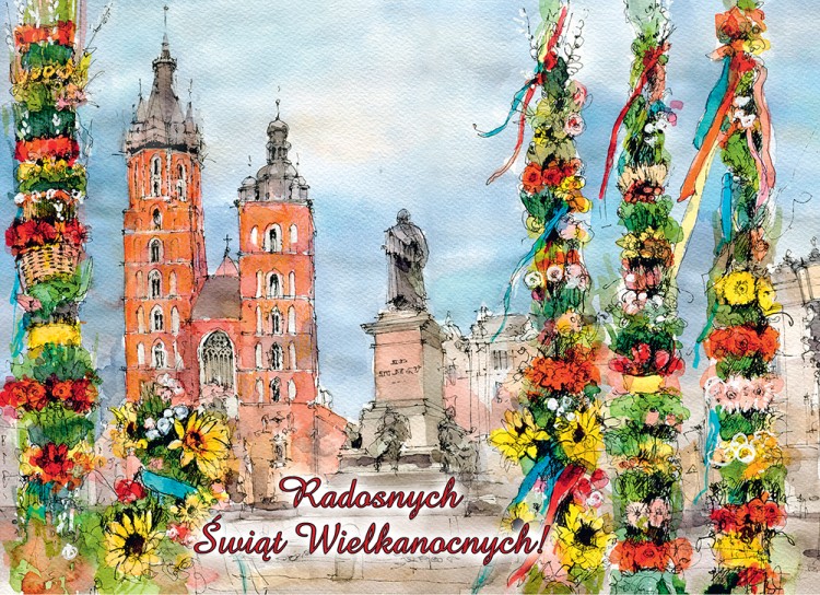 Karnet wielkanocny z reprodukcją akwareli krakowskiej.