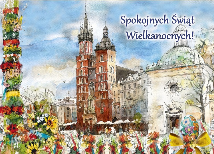 Karnet wielkanocny z reprodukcją akwareli krakowskiej.