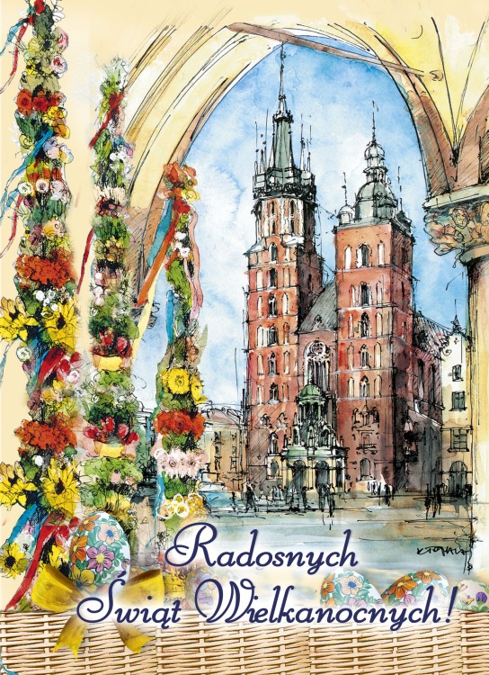 Karnet wielkanocny z reprodukcją akwareli krakowskiej.