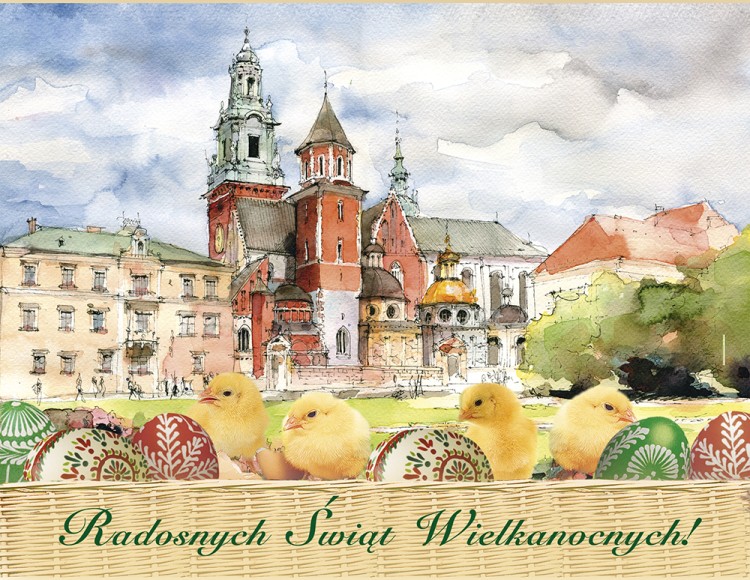 Karnet wielkanocny z reprodukcją akwareli krakowskiej.