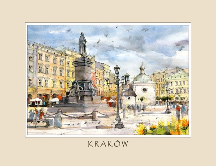 Karnet pocztowy z reprodukcją akwareli krakowskiej.