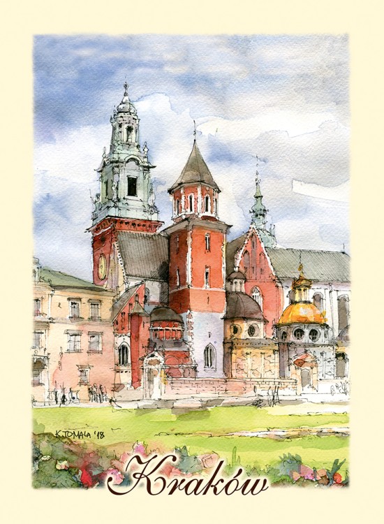 Kartka B6 z reprodukcją obrazu akwarelowego - Katedra  na Wawelu.