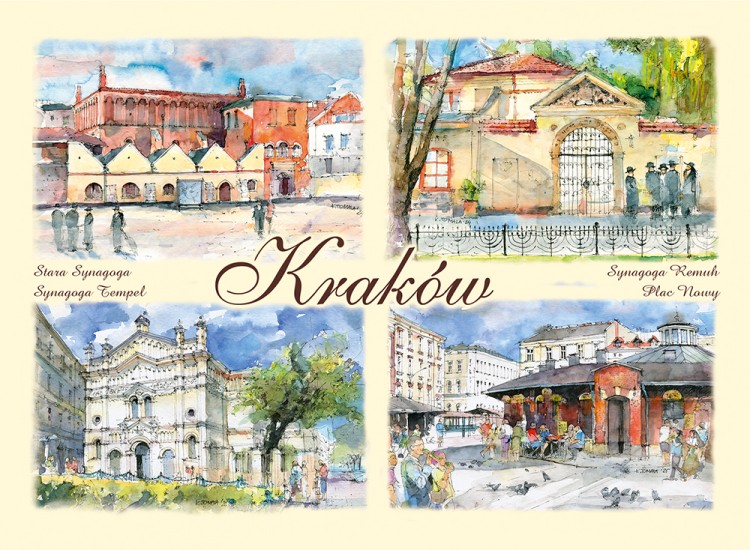 Pocztówka B6 z reprodukcją obrazów akwarelowych z Krakowskiego Kazimierza.