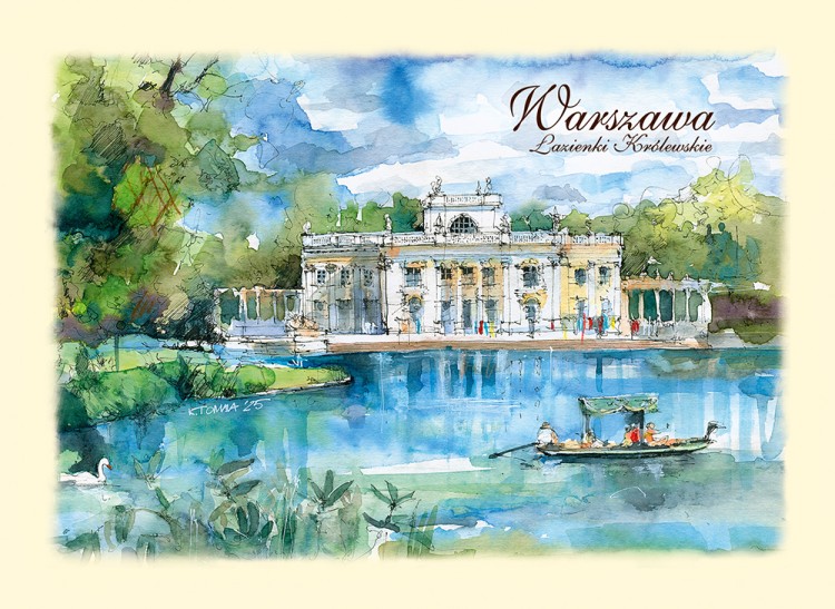 Kartka B6 z reprodukcją obrazu akwarelowego - Łazienki Królewskie w Warszawie.