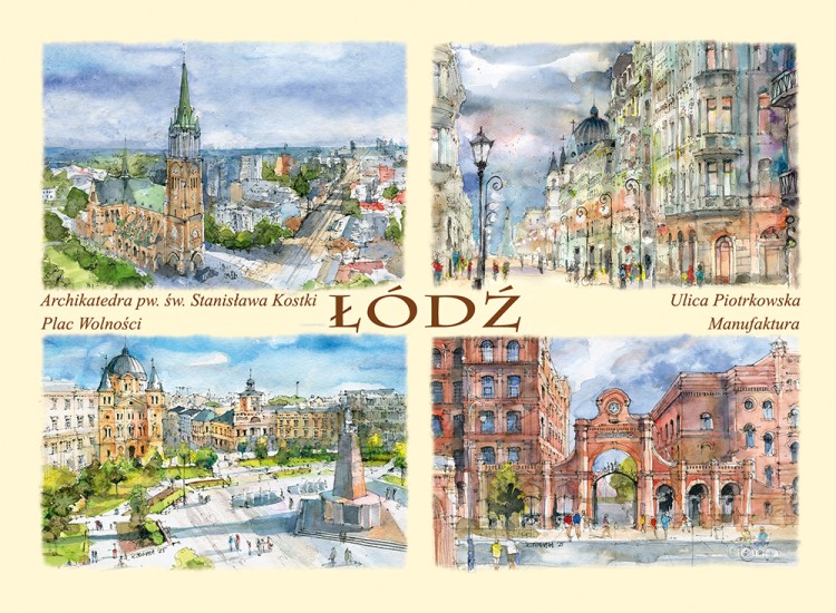 Pocztówka z reprodukcjami akwarel Łódź 34.