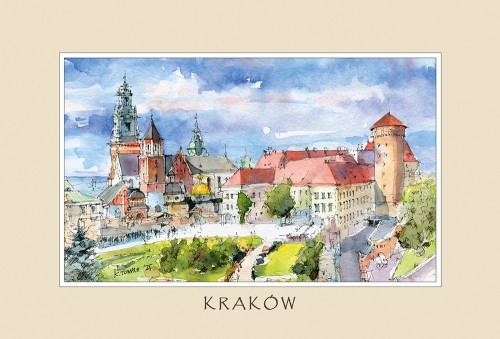 reprodukcja obrazu akwarelowego - Zamek Królewski na Wawelu z lotu ptaka.