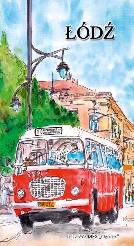 Awers okładki notesu A6 - Łódzka Komunikacja Miejska w akwareli.