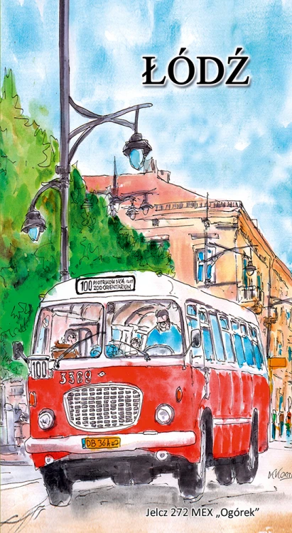 Awers okładki notesu A6 - Łódzka Komunikacja Miejska w akwareli.