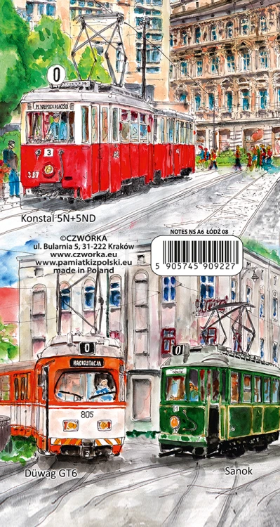 Rewers okładki notesu A6 - Łódzka Komunikacja Miejska w akwareli.