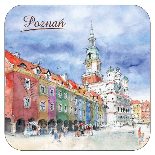 Podkładka korkowa z reprodukcją obrazu akwarelowego "Ratusz i Domki Budnicze na Rynku w Poznaniu.