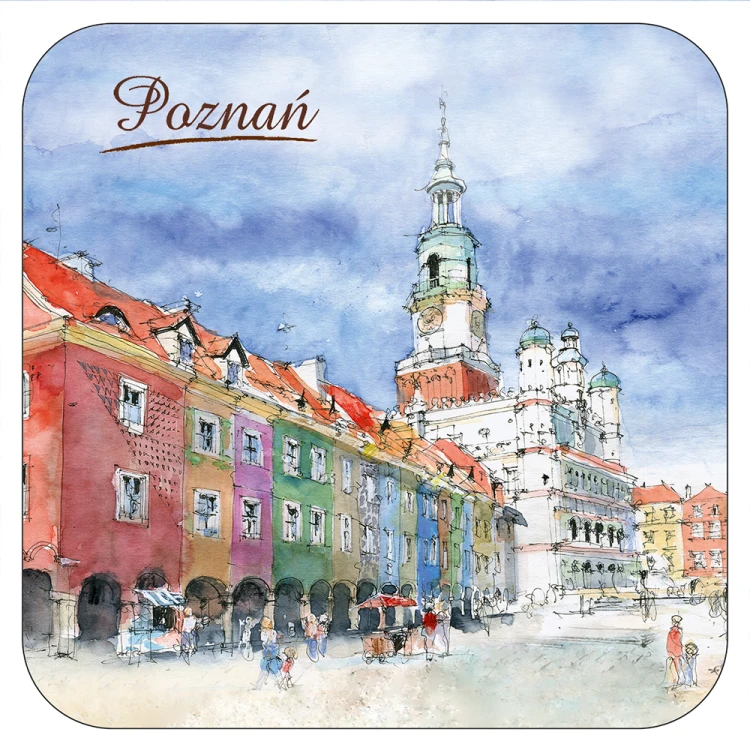 Podkładka korkowa z reprodukcją obrazu akwarelowego "Ratusz i Domki Budnicze na Rynku w Poznaniu.