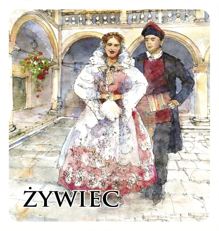 Magnes z reprodukcją obrazu akwarelowego " Para w stroju żywieckim".