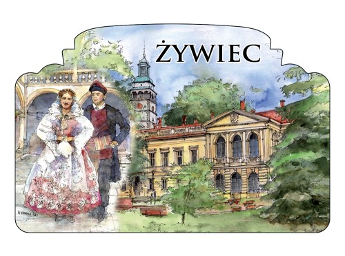 Magnes z reprodukcjami obrazów akwarelowych związanych z Żywcem.