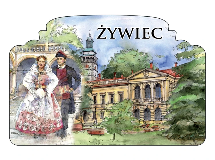 Magnes z reprodukcjami obrazów akwarelowych związanych z Żywcem.