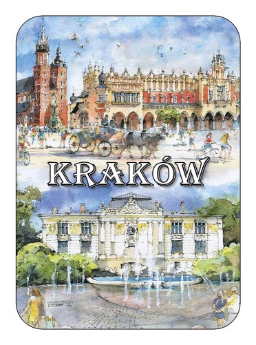 Magnes z repodukcjami obrazów akwarelowych związanych z Krakowem.