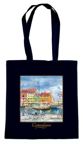 Czarna torba bawełniana z reprodukcją akwareli Kopenhaga 202.