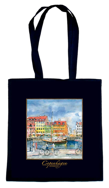 Czarna torba bawełniana z reprodukcją akwareli Kopenhaga 202.