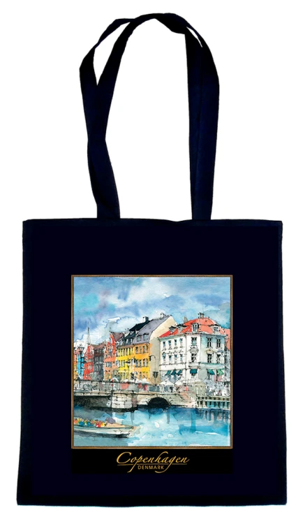 Czarna torba bawełniana z reprodukcją akwareli Kopenhaga 203.