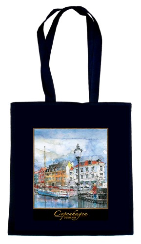 Czarna torba bawełniana z reprodukcją akwareli Kopenhaga 204.