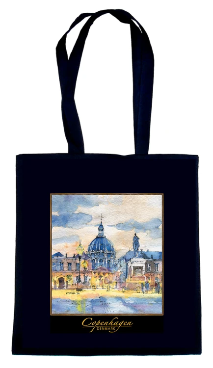 Czarna torba bawełniana z reprodukcją akwareli Kopenhaga 205.