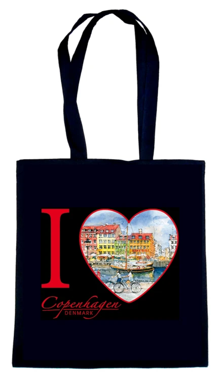 Czarna torba bawełniana z reprodukcją akwareli Kopenhaga 209.