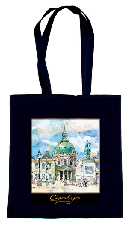 Czarna torba bawełniana z reprodukcją akwareli Kopenhaga 210.