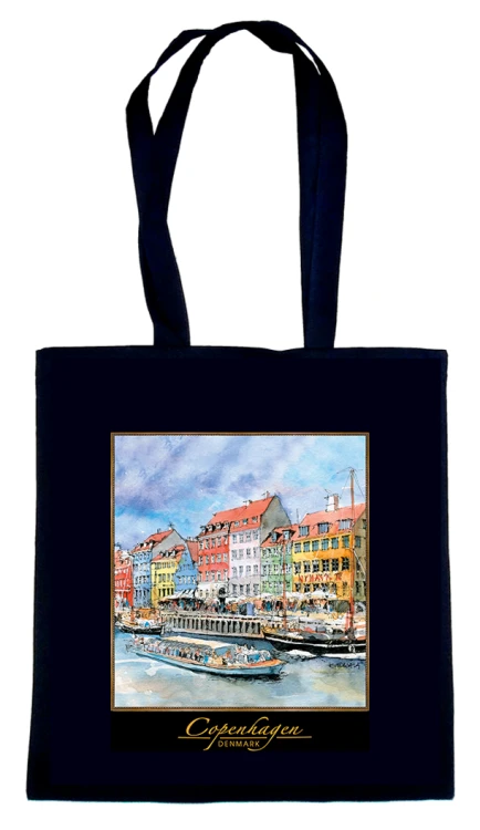 Czarna torba bawełniana z reprodukcją akwareli Kopenhaga 212.