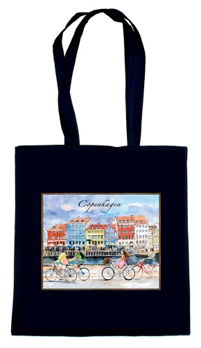Czarna torba bawełniana z reprodukcją akwareli Kopenhaga 213.