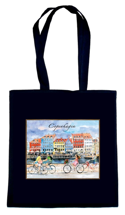 Czarna torba bawełniana z reprodukcją akwareli Kopenhaga 213.