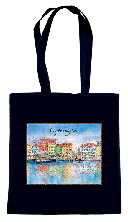 Czarna torba bawełniana z reprodukcją akwareli Kopenhaga 215.