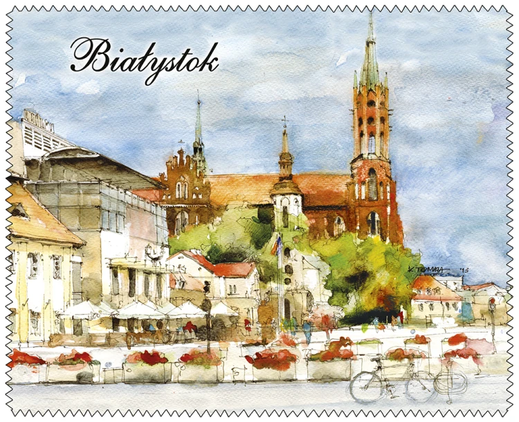 Szmatka do okulrów z reprodukcją akwareli z Białegostoku.