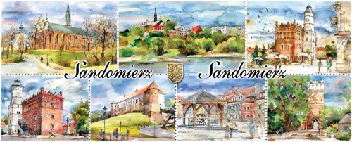 Obrazy akwarelowe umieszczone na kubku Sandomierz.