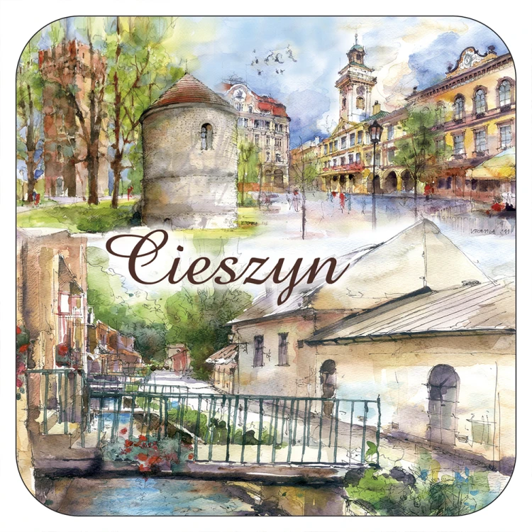 Podkładka korkowa pod kubek z reprodukcjami akwarel z Cieszyna.