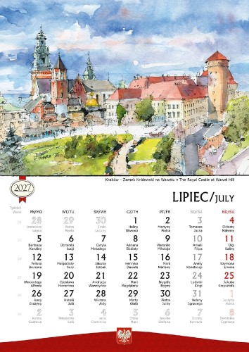 Przykładowa strona kalendarza B5 Polska w akwarelach 2027.