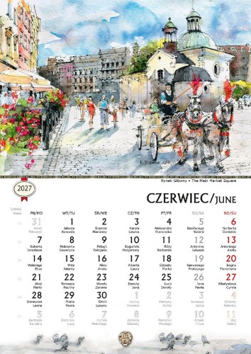 Przykładowa strona kalendarza B5 Kraków w akwarelach 2027.