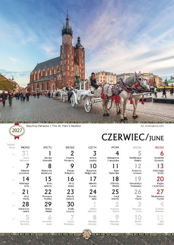 Przykładowa strona kalendarza B5 Kraków w fotografii 2027.