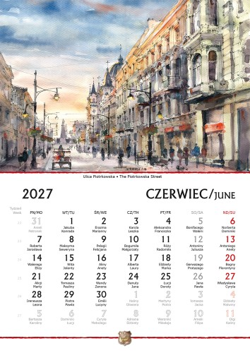 Przykładowa strona kalendarza B5 Łódź w akwareli 2027.