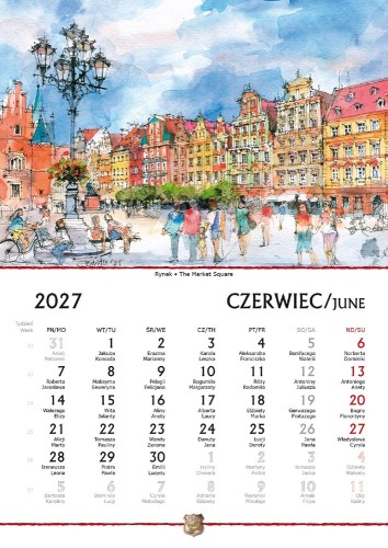 Przykładowa strona kalendarza B5 Wrocław w akwareli 2027.