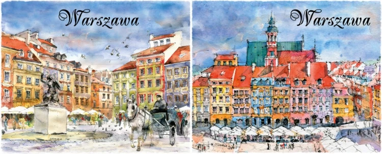 Akwarele z Warszawy znajdujące się na kubku.