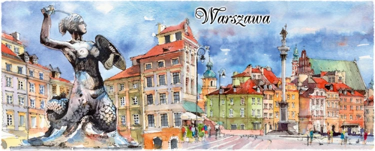 Akwarele z Warszawy znajdujące się na kubku.