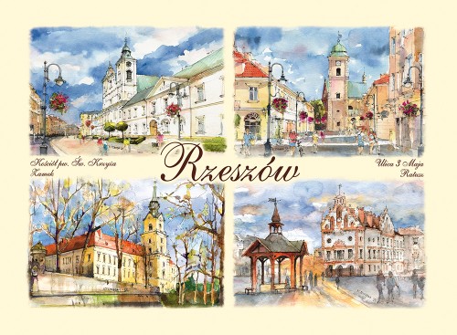 Pocztówka z reprodukcjami obrazów akwarelowych z Rzeszowa.